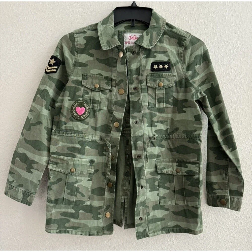 Justice jacket Girls Camouflage Drawstring Waist Button Down Jacket Size 6/7